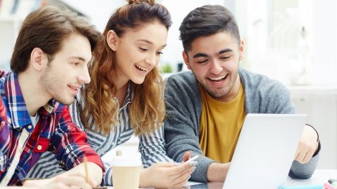 Happy learners video chatting with friends online Happy learners video chatting with friends online
